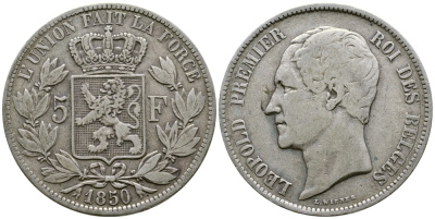 Бельгия 5 франков 1850 Леопольд I (1831-1865) KM 17 серебро    00-1067-9-32