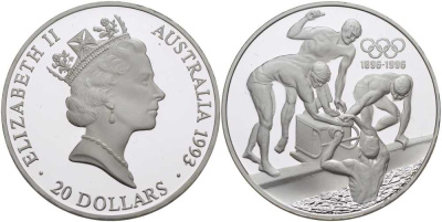 Австралия 20 долларов 1993 Олимпийские игры 1996, плавание, 100 лет Олимпийскому движению (1896-1996) KM 219 серебро PROOF 00-00