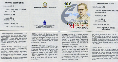 Италия 10 евро 2009 100 лет со дня вручения нобелевской премии Гильермо Маркони, изобретатель радио, в оригинальной коробочке, с сертификатом KM 317 серебро PROOF 4-3-4-20