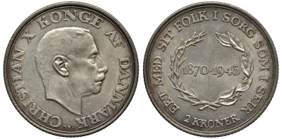 Дания 2 кроны 1945 N; S, 75 лет королю Кристиану X (1870-1945) KM 836 серебро 69-435