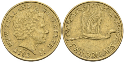 Новая Зеландия 2 доллара 2002 Елизавета II (1952-2022), большая белая цапля KM 121 алюминиевая бронза 00-00