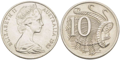 Австралия 10 центов 1982 Елизавета II (1952-), птица лирахвост KM 65 медно-никель 4519-426