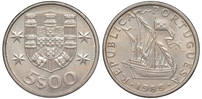 Португалия 5 эскудо 1985 KM 591 медно-никель 4143-144