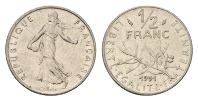 Франция 1/2 франка 1991 сеятель KM 931.1 никель 192-1022