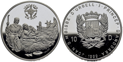 Андорра 10 динеров 1999 серия миллениум, рождение Иисуса Христа KM 156 серебро PROOF 11-152-12