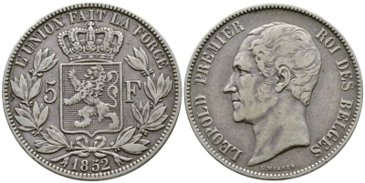 Бельгия 5 франков 1852 Леопольд I (1831-1865) KM 17 серебро 00-1067-5-34