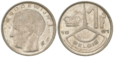 Бельгия 1 франк 1991 Belgie, Бодуэн I (1951-1993) KM 171 нержавеющая сталь 4618-228