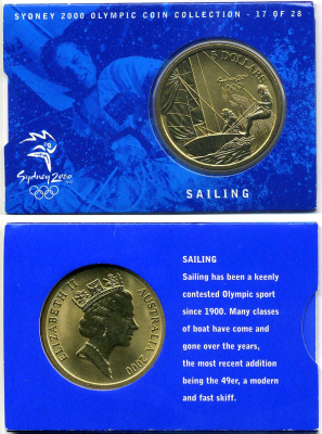Австралия 5 долларов 2000 XXVII летние Олимпийские игры 2000 года в Сиднее, яхтинг, в оригинальном картонном буклете KM 358 латунь  UNC  2-5-2-43