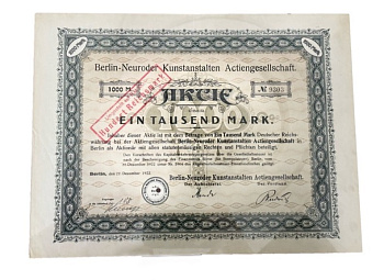 Германия акция в 1000 марок 1923 компании Berlin-Neuroder Kunstanstalten Actiengesellschaft / производство бумажных изделий и фотоматериалов бумага 5555-18
