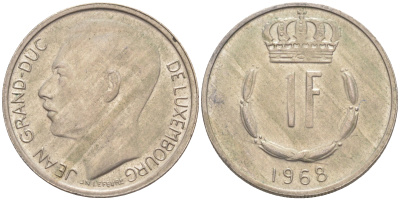 ЛЮКСЕМБУРГ 1 ФРАНК 1968 ВЕЛИКИЙ ГЕРЦОГ ЖАН (1964-2000) KM 55 медно-никель 206-356