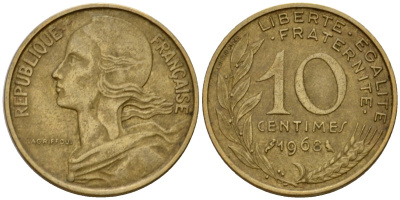 Франция 10 сантимов 1968 тип Marianne KM 929 алюминиевая бронза 4391-121