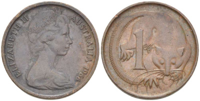 АВСТРАЛИЯ 1 ЦЕНТ 1966 ЕЛИЗАВЕТА II (1952-) МОЛОДОЙ ПОРТРЕТ, ОПОССУМ KM 62 бронза 4516-622