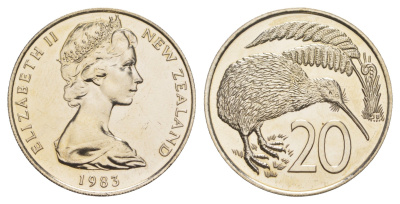 Новая Зеландия 20 центов 1983 Елизавета II (1952-2022), птичка киви, тираж 18.000 экземпляров KM 36 медно-никель PROOFLIKE 87-1032