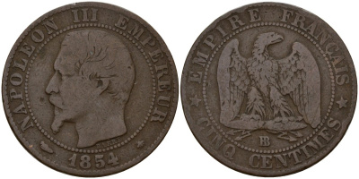 Франция 5 сантимов 1854 BB, Наполеон III (1852-1870) KM 777.1, Le Franc 133.13 бронза 4156-654