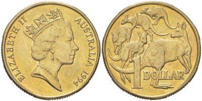 Австралия 1 доллар 1994 Елизавета II (1952-2022), кенгуру KM 84 алюминиевая бронза UNC 4622-236