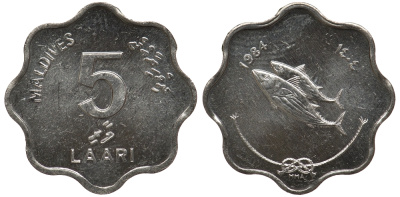 Мальдивские острова 5 лаари 1984 FAO, рыбы KM 69 алюминий UNC M23-15