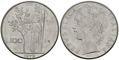 Италия 100 лир 1979 R, Афина в доспехах KM 96.1 нержавеющая сталь 4165-1033
