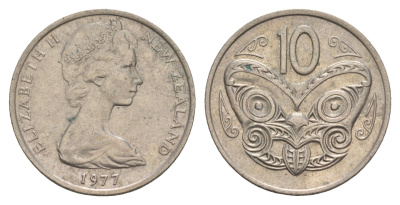 Новая Зеландия 10 центов 1977 Елизавета II (1952-2022), маска маори KM 41.1 медно-никель 4657-127