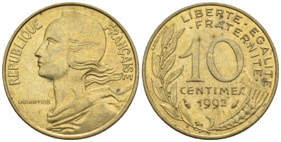 Франция 10 сантимов 1992 тип Marianne KM 929 медь алюминий никель 4609-311