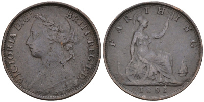 Великобритания 1 фартинг 1891 Виктория (1837-1901) KM 753, Spink 3958 бронза 4585-137