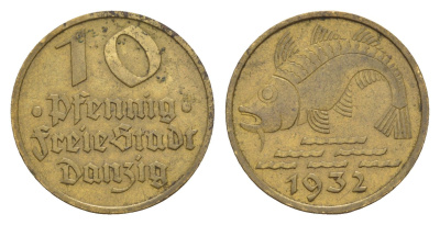 Данциг 10 пфеннигов 1932 рыба J. D 13, KM 152 алюминиевая бронза 4651-1043