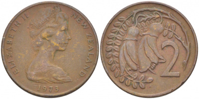 Новая Зеландия 2 цента 1973 Елизавета II (1952-2022), два цветка каухаи KM 32.1 бронза 214-841