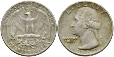 США 25 центов (квотер) 1967 Вашингтон KM 164a медь плакированная медно-никелем 4388-343