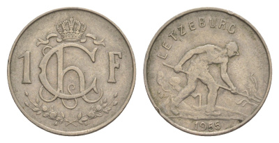 Люксембург 1 франк 1955 Шарлотта (1918-1964), сталевар KM 46.2 медно-никель 4643-528