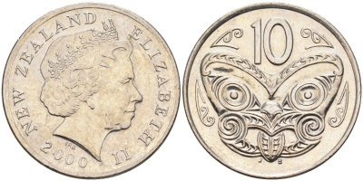 Новая Зеландия 10 центов 2000 Елизавета II (1952-2022), маска маори KM 117 медно-никель 4126-1241