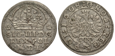 Польша 1 грош 1608 Сигизмунд III (1587-1632), вес 1,44 гр., Леварт KM 11 серебро 1516-1412