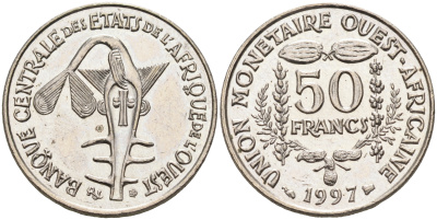 Валютное сообщество стран Западной Африки 50 франков 1997  KM 6 медно-никель  UNC  4595-737