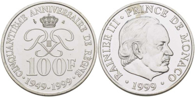 Монако 100 франков 1999 50 лет правления Ренье III KM 175 серебро UNC 1087-6-11