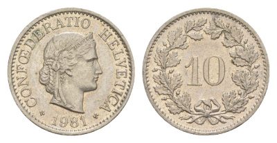 Швейцария 10 раппенов 1981 KM 27 медно-никель 4625-716