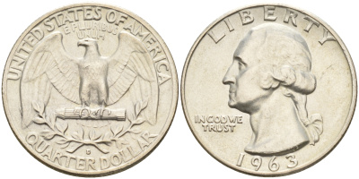 США 25 центов (квотер) 1963 Вашингтон KM 164 серебро UNC 4132-355