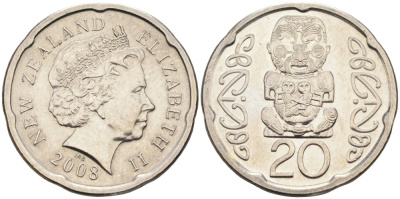 Новая Зеландия 20 центов 2008 Елизавета II (1952-2022), идол Пукаки KM 118а никелированная сталь 4579-1214