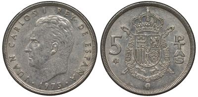 Испания 5 песет 1975 (77) Хуан Карлос I (1975-2001) KM 807 медно-никель 4128-1015