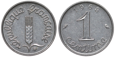 Франция 1 сантим 1968 пятая республика KM 928, Le Franc 106.15 нержавеющая сталь 4124-416