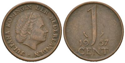 Нидерланды 1 цент 1957 Юлиана (1948-1980) KM 180 бронза 4621-611