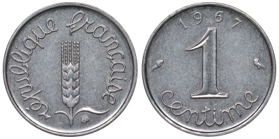 Франция 1 сантим 1967 пятая республика KM 928, Le Franc 106.13 нержавеющая сталь 4124-414