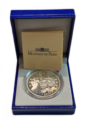 Франция 1 1/2 евро 2003 первая годовщина введения евро, в оригинальной коробке, сертификат KM 1338 серебро  PROOF  1-6-4-40