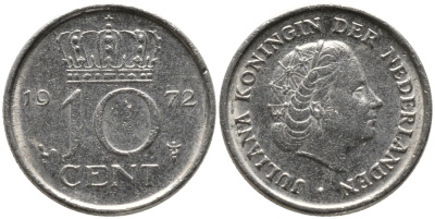 Нидерланды 10 центов 1972 Юлиана (1948-1980) KM 182 никель 4609-665