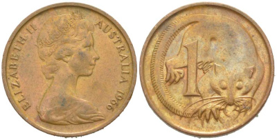 АВСТРАЛИЯ 1 ЦЕНТ 1966 ЕЛИЗАВЕТА II (1952-) МОЛОДОЙ ПОРТРЕТ, ОПОССУМ KM 62 бронза 3309-1269