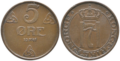 НОРВЕГИЯ 5 ЭРЕ 1941 ХОКОН VII (1905-1957) KM 368 бронза 34-623