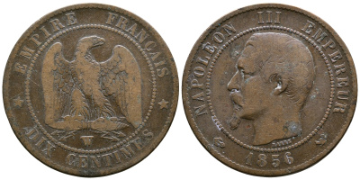 Франция 10 сантимов 1856 W, Наполеон III (1852-1870) KM 771.7, Le Franc 133.38 бронза 4179-1146