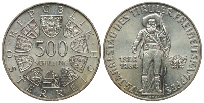 Австрия 500 шиллингов 1984 175 лет Тирольской революции KM 2966 серебро UNC 413-4434