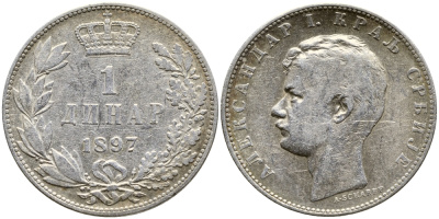 Сербия 1 динар 1897 Александр I (1889-1902) KM 21 серебро 51-2013