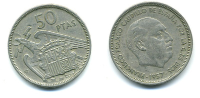 ИСПАНИЯ 50 ПЕСЕТ 1957 KM 788 медно-никель 04-626