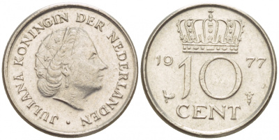 НИДЕРЛАНДЫ 10 ЦЕНТОВ 1977 ЮЛИАНА KM 182 никель 4547-849