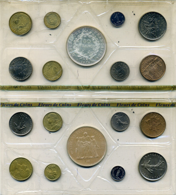 Франция официальный набор из 9 монет (1, 5, 10, 20 сантимов; 1/2, 1, 5, 10 и 50 франков) 1974 в оригинальной упаковке, с сертификатом KM SS 11 (925.1, 926a.1, 928, 929, 930, 931.1, 933, 940 и 941.1) BU 1-4-6-21