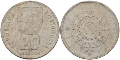 ПОРТУГАЛИЯ 20 ЭСКУДО 1987 INCM KM 634.1 медно-никель 67-634